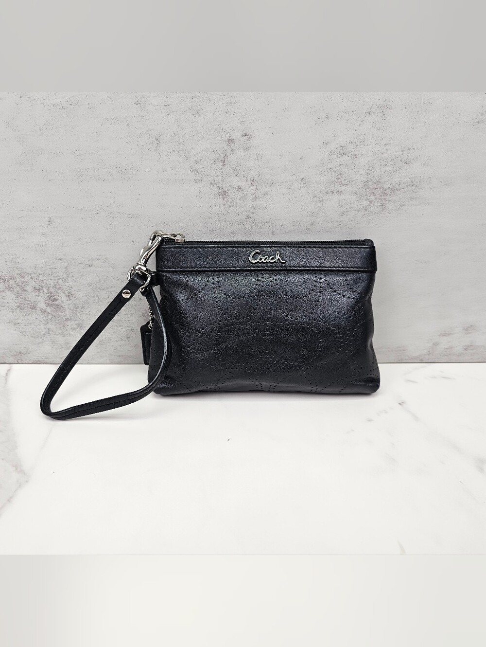 Coach Black Leather Perforated Wristlet